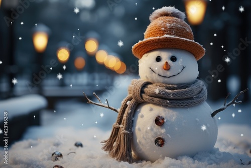 Little cute snowman in a knitted hat and scarf on snow on a sunny winter day. Christmas card. Generative AI