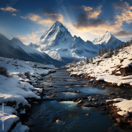 Winter mountain snowy landscape. Generative AI © kardaska