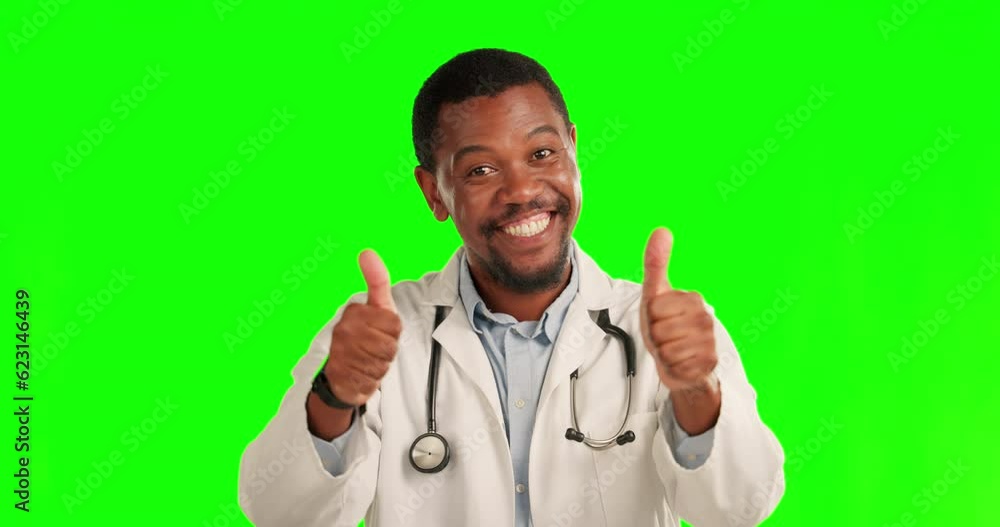 Thank you, doctor with thumbs up and against a green screen for healthcare. Success or achievement, agreement or positive results and happy male surgeon with like hand emoji for feedback or wellness Thank you, doctor with thumbs up and against a green screen for healthcare. Success or achievement, agreement or positive results and happy male surgeon with like hand emoji for feedback or wellness