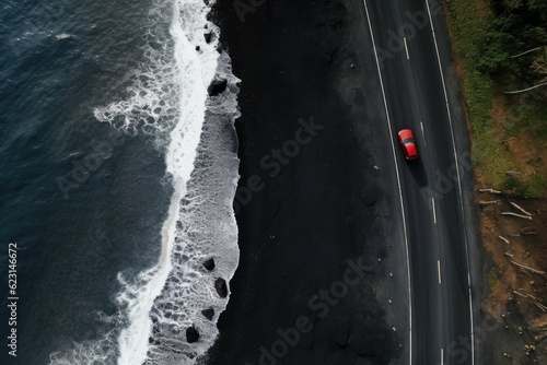 Black sand beach, with road and red car on, travel holiday. Generative Ai.