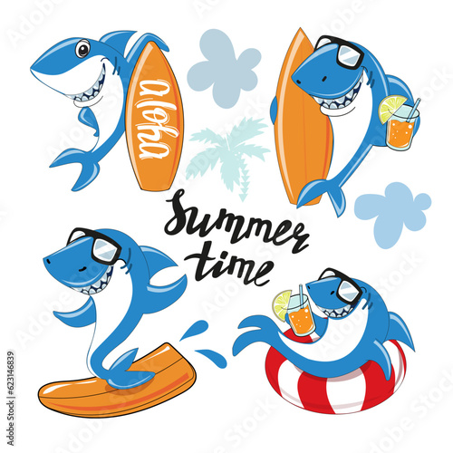 Funny cartoon sharks collection with sunglasses and surfing on a white background. Summer concept for kids