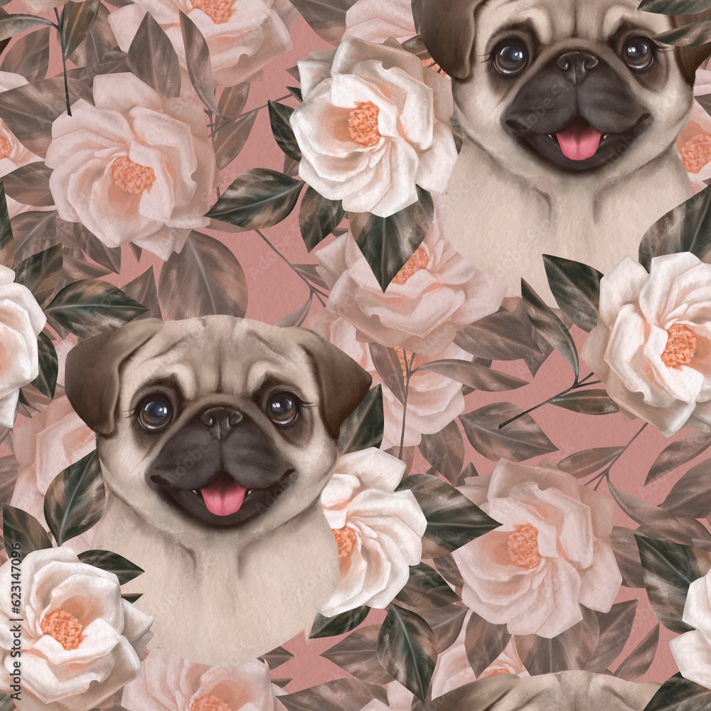 Seamless floral pattern with Pug Dog. Spring background with puppy and rose flowers