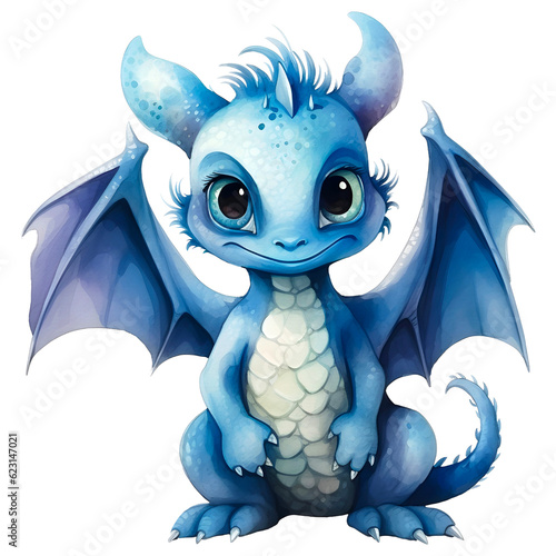 Blue baby dragon watercolor clipart with transparent background, created with generative AI technology