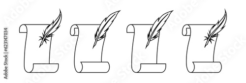 quill feather pen with paper agreement icon