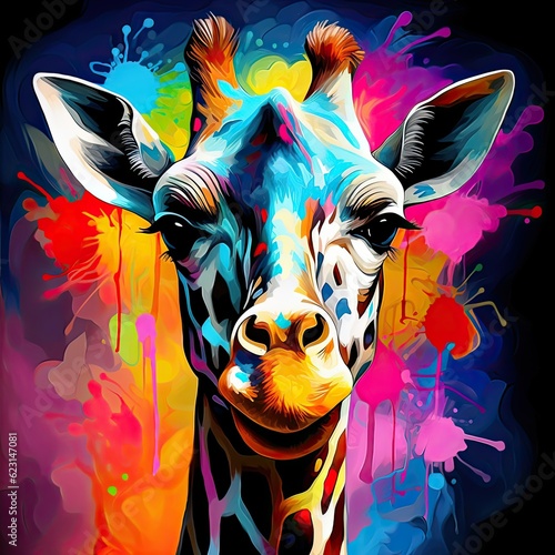 Dripping picture  colorful  bright  in rainbow colors funny Giraffe Close-up with a rainbow photon  illustration  Generative AI
