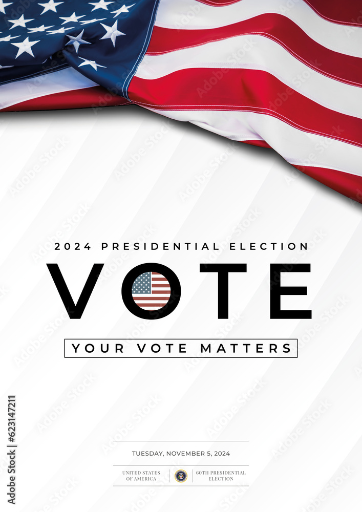 2024 United States Presidential Elections Banner/Poster with US symbols and colors. US Flag . Vote. United States of America Election design