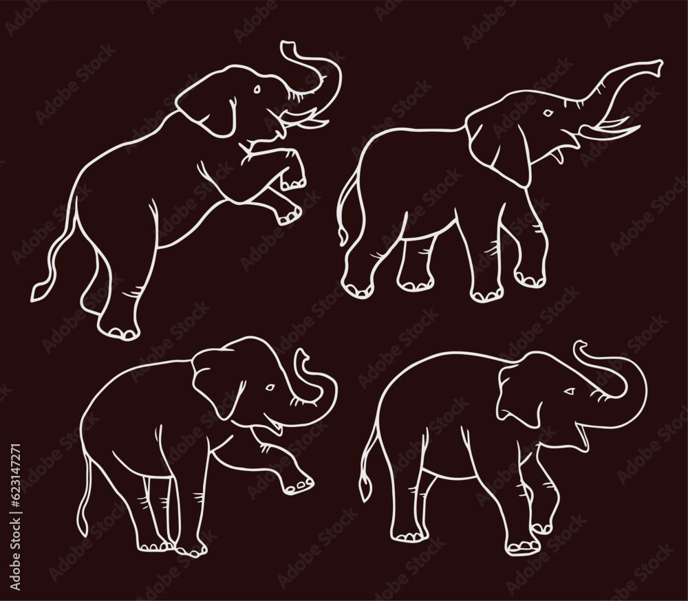 Elephant  vector illustration with white outline consisting of three images