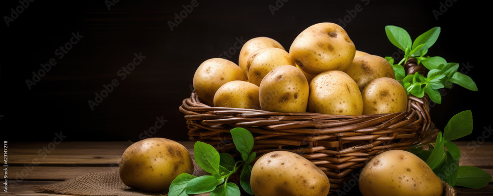 Fresh potato on wooden background.