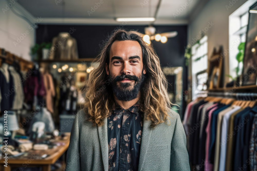 Smiling small business owner with beard standing in a clothing store. Smiling small business owner with beard standing in a clothing store.