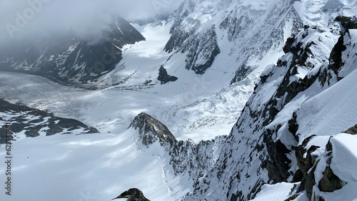 Altai Mountains. Beautiful mountain winter landscape. Climbing Mount Belukha. Amazing aerial view