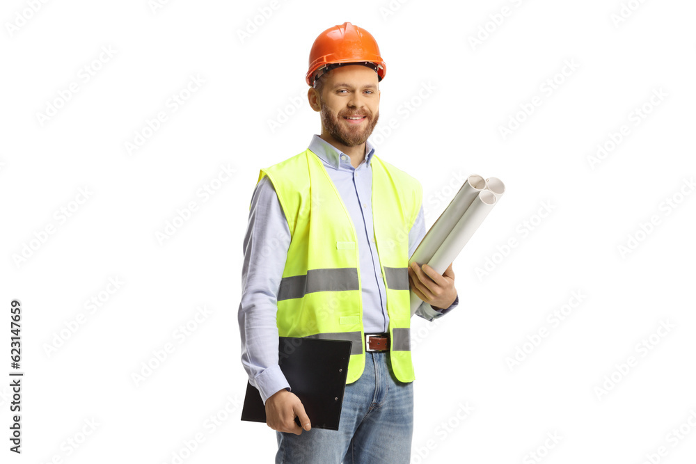 Male engineer holding a blueprint and clipboard Male engineer holding a blueprint and clipboard
