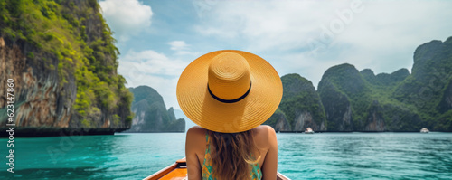 Rear view of young girl with hat and summer dres sitting on boat. copy space for text. © Michal