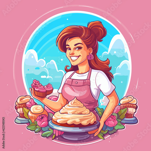 Smiling female confectioner holding a sweet cake. Street food from a stall. Cartoon vector illustration.