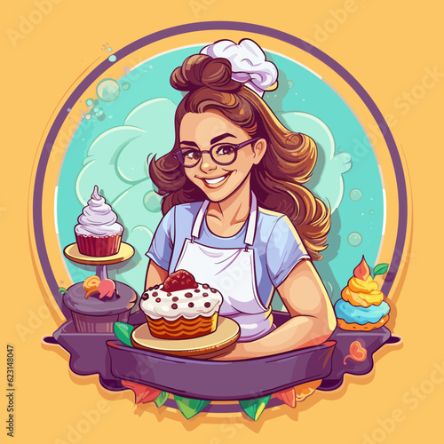Cute girl confectioner smiling decorates a baked cake. Cartoon vector illustration.