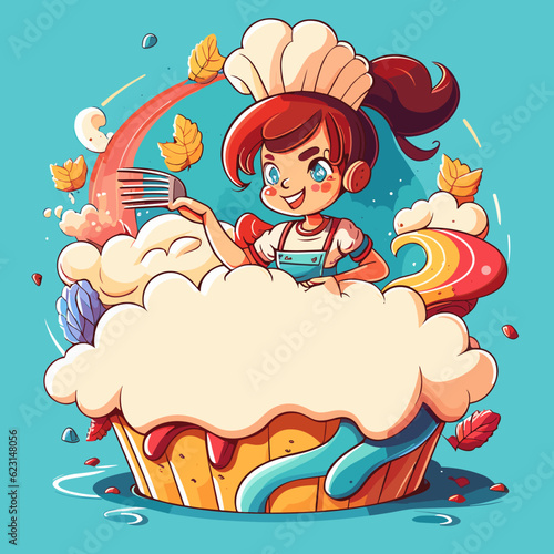 Smiling female confectioner holding a sweet cake. Street food from a stall. Cartoon vector illustration.