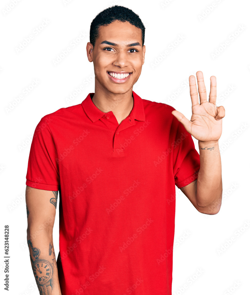 Young hispanic man wearing casual red t shirt showing and pointing up with fingers number four while smiling confident and happy. Young hispanic man wearing casual red t shirt showing and pointing up with fingers number four while smiling confident and happy.