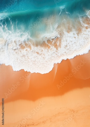 Orange sand near blue clear water beach, travel destination aerial view, summer wallpaper. Generative Ai. © annamaria