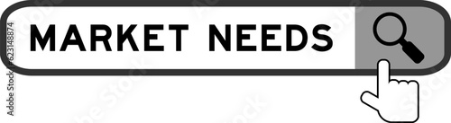 Search banner in word market needs with hand over magnifier icon on white background