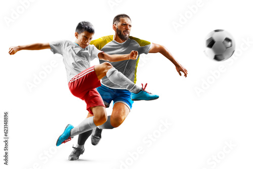 Children with adult soccer players in action isolated white background
