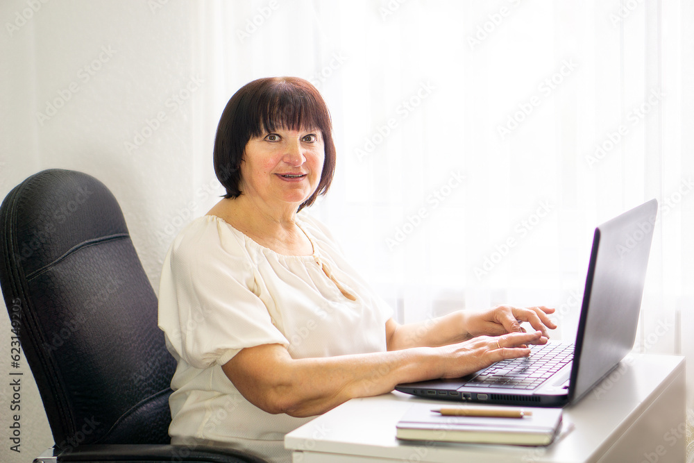 Smiling business woman working at her computer at home. Business, education and technology concept. Smiling business woman working at her computer at home. Business, education and technology concept.