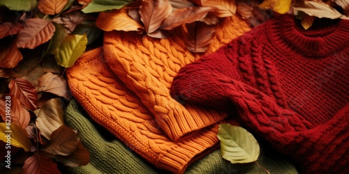 cozy collection of knitted sweaters in warm autumn colors, surrounded by fallen leaves. The intricate patterns and textures of the sweaters complement the organic s Generative AI Digital Illustration
