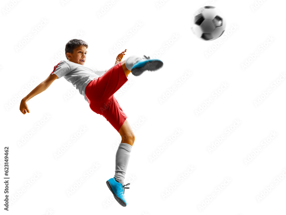 children soccer player in action isolated white background