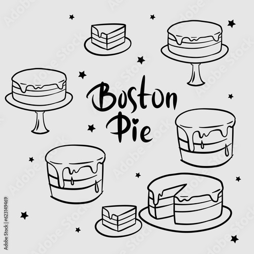 Cartoon doodle Boston cream pie image with lettering. Vector illustration in black and white colors