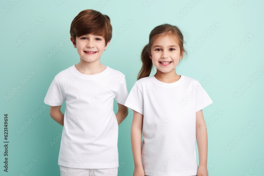 a photo of two young model kids boy and girl with blank white canvas t-shirts. pastel green wall background. Generative AI a photo of two young model kids boy and girl with blank white canvas t-shirts. pastel green wall background. Generative AI