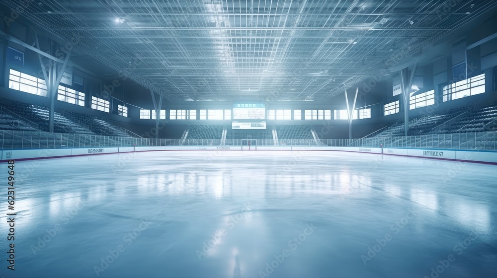 Modern hockey arena with smooth ice surface and grandstands Modern hockey arena with smooth ice surface and grandstands