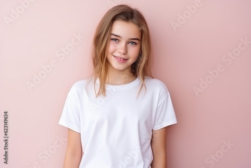 a photo of a young blonde kid girl model with a blank white canvas t-shirt. pastel pink wall background. Generative AI
