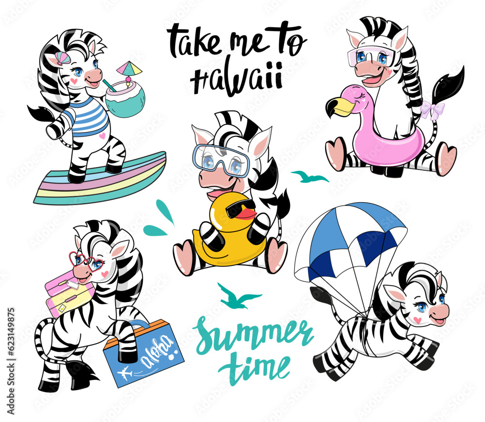 Funny cartoon summer set with zebra. Vector illustration for kids. Design for t-shirt. Travel concept