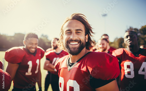 Smiling american football players standing together on a sports field outside during a team practice. Generative AI © Malchevska Studio