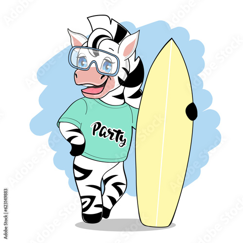 Funny cartoon summer surfing zebra on a white background. Vector illustration for kids. Design for t-shirt