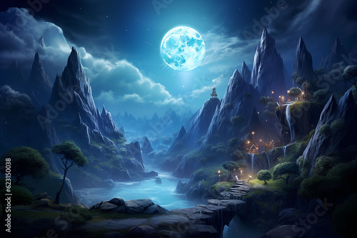 Fantasy landscape with mountains, river and moon. 3d rendering. 