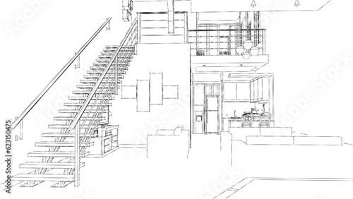 Vector illustration of interior sketch of coffee shop, living room, kitchen and stairs
