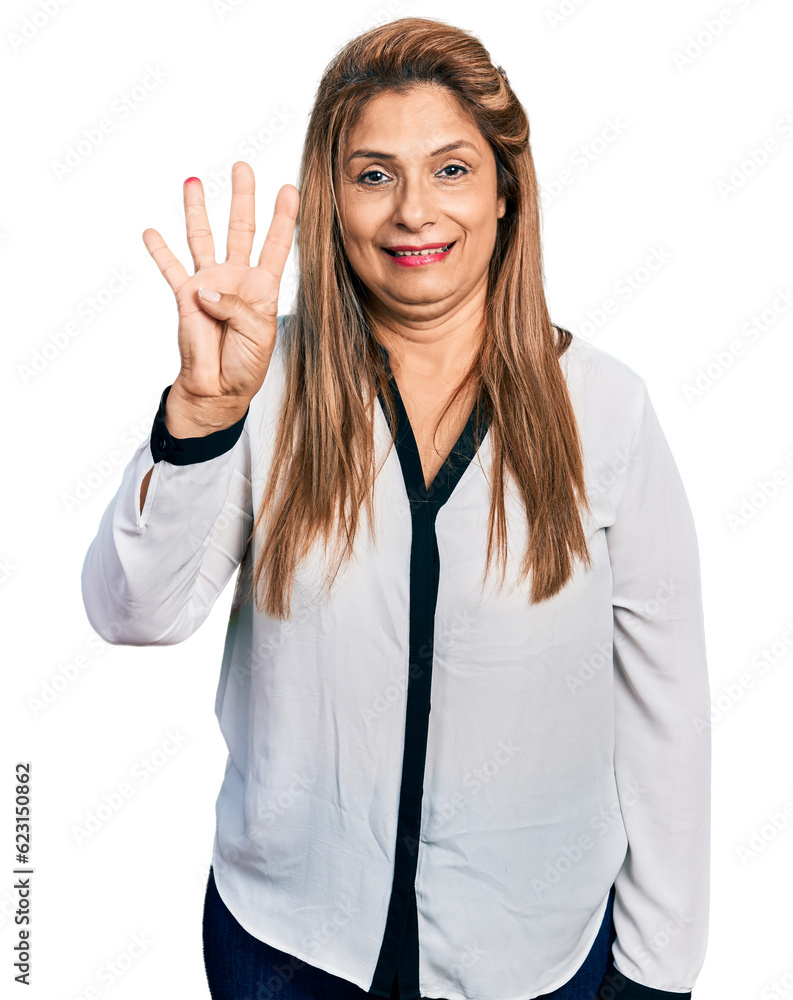 Middle age latin woman wearing business shirt showing and pointing up with fingers number four while smiling confident and happy. Middle age latin woman wearing business shirt showing and pointing up with fingers number four while smiling confident and happy.