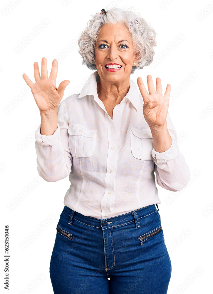 Senior grey-haired woman wearing casual clothes showing and pointing up with fingers number nine while smiling confident and happy. Senior grey-haired woman wearing casual clothes showing and pointing up with fingers number nine while smiling confident and happy.