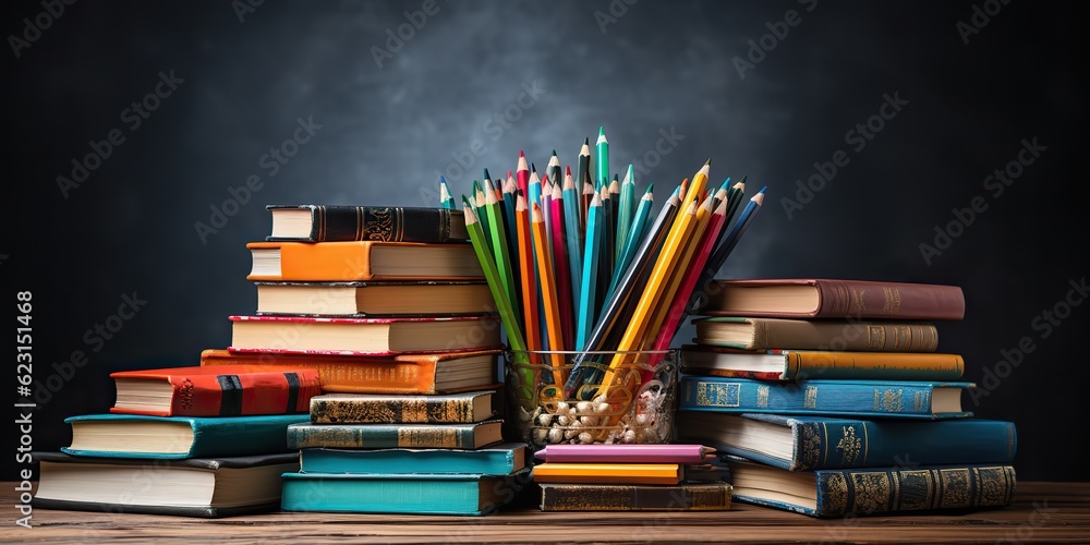 AI Generated. AI Generative. Office study book pencil supplies shelf wood table. Back to school vibe. Graphic Art