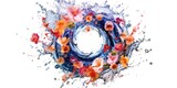 Top view of rotating swirl of water splashes and flowers on white background, concept of Dynamic movement, created with Generative AI technology