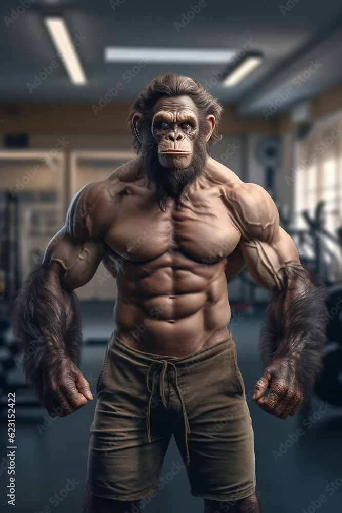 fit Monkey standing at the gym, Fitness Monkey Exuding Strength at the Gym, generative AI