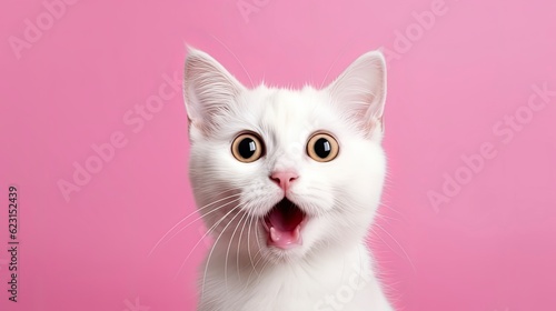 Portrait of a white cute  cat with surprised  expression on a pink background,surprised looking cat .Generative AI
