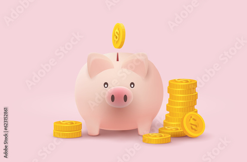 3d Piggy bank  with coin for banking, finance, economy, investment concept. vector icon. isolated on pink background.