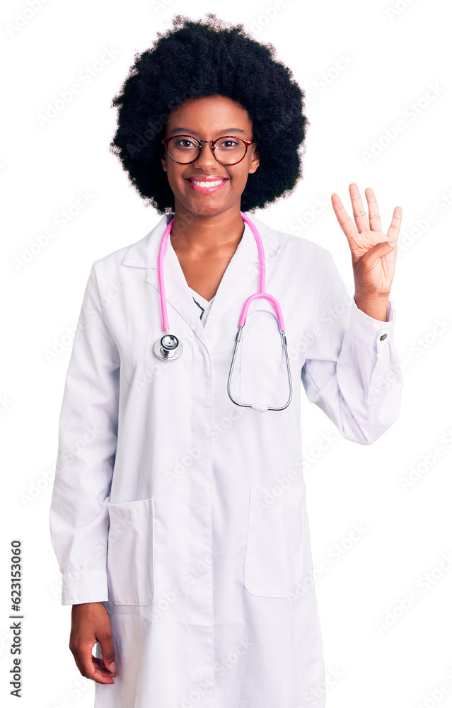 Young african american woman wearing doctor coat and stethoscope showing and pointing up with fingers number four while smiling confident and happy. Young african american woman wearing doctor coat and stethoscope showing and pointing up with fingers number four while smiling confident and happy.
