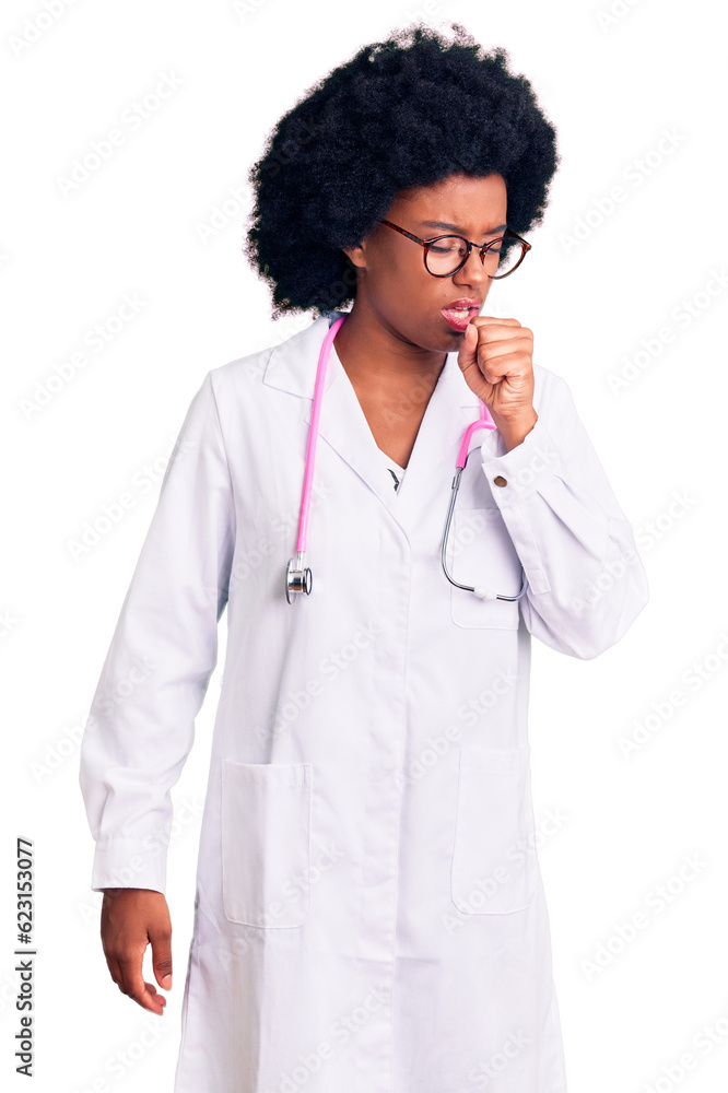 Young african american woman wearing doctor coat and stethoscope feeling unwell and coughing as symptom for cold or bronchitis. health care concept. Young african american woman wearing doctor coat and stethoscope feeling unwell and coughing as symptom for cold or bronchitis. health care concept.
