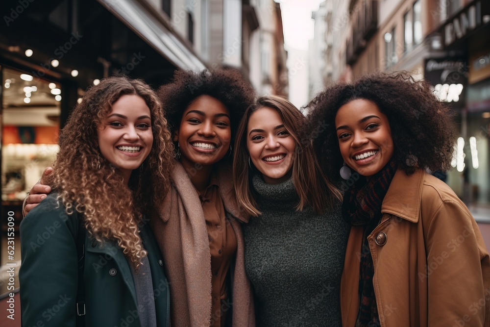 Group of multiracial woman standing together in city street.