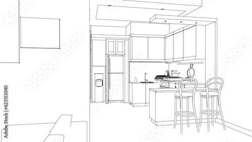 Vector illustration of interior sketch of coffee shop, living room, kitchen and stairs