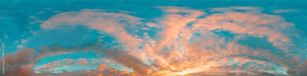 Sunset sky panorama with bright glowing pink Cirrus clouds. HDR 360 seamless spherical panorama. Full zenith or sky dome in 3D, sky replacement for aerial drone panoramas. Climate and weather change. Sunset sky panorama with bright glowing pink Cirrus clouds. HDR 360 seamless spherical panorama. Full zenith or sky dome in 3D, sky replacement for aerial drone panoramas. Climate and weather change.