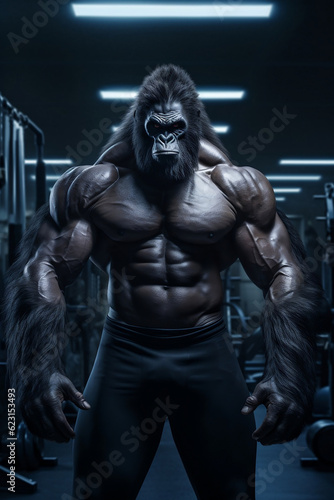 fit Gorilla standing at the gym, Musclebound Gorilla Flexing with Dumbbells at the Gym, generative AI