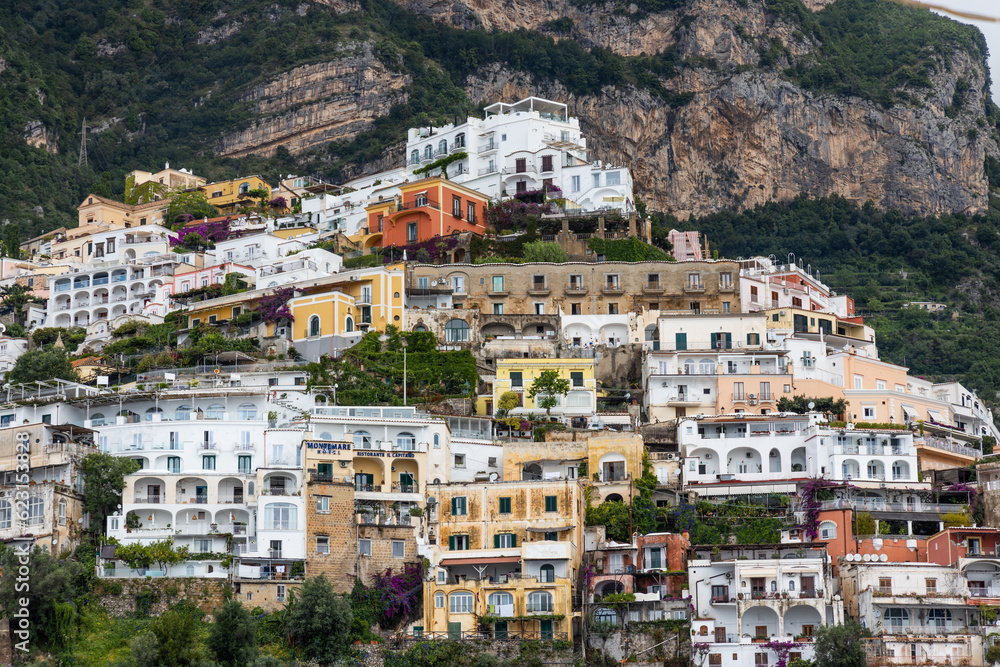 Closeup of Positano, a village and comune on the Amalfi Coast in Campania, Italy, an enclave in the hills leading down to the coast