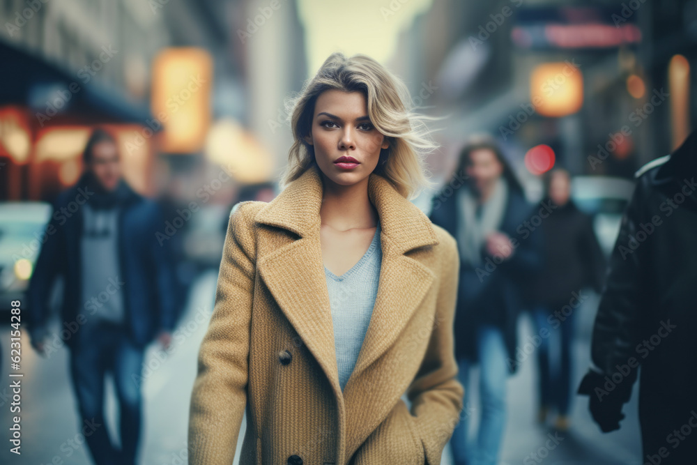 Obraz premium A young fashion model walking down a busy city street, surrounded by fascinated onlookers, representing the influence and impact of fashion. Generative AI